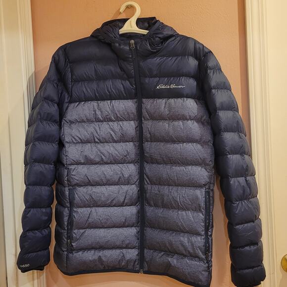 Eddie Bauer Jacket Mens Large  Down Gray/ Navy Blue Puffer Quilted Hooded EB 650 - Picture 1 of 9